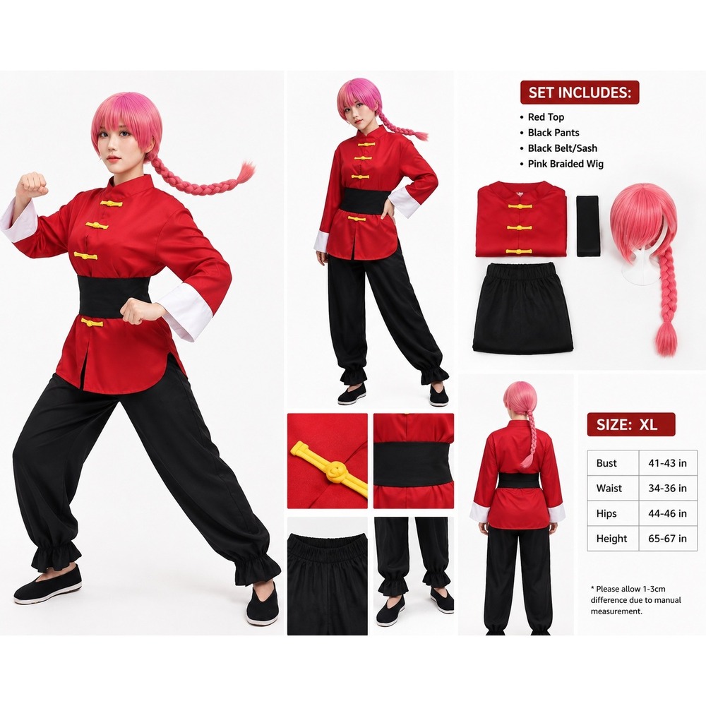 Gintama Kagura Cosplay Costume Set Red Top Black Pants Pink Wig XL Anime Outfit
